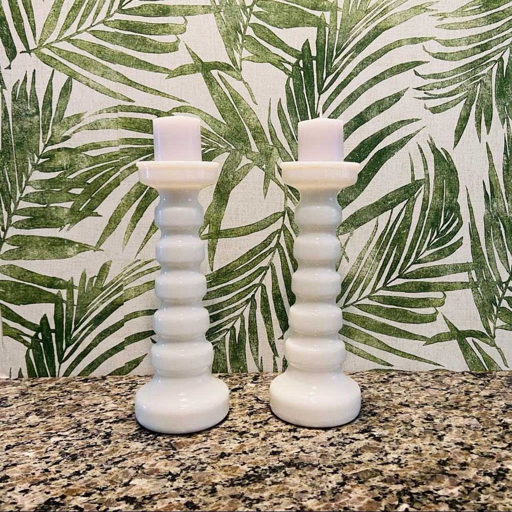 Mid Century Milk Glass Pilar Candle Holder Vintage